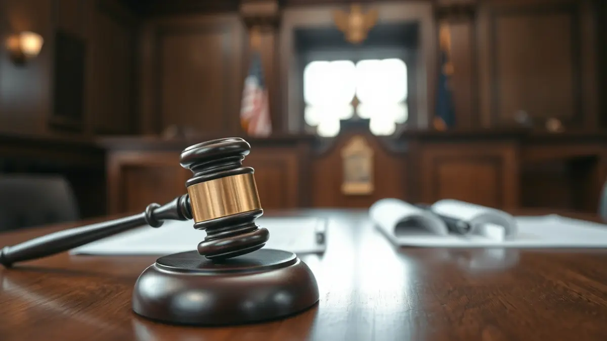 Imaxe xenérica dun mazo de xuíz sobre unha mesa de madeira nun xulgado.