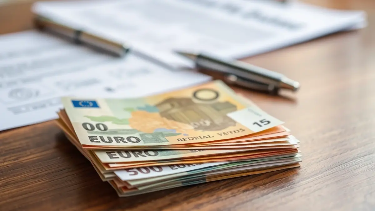 Imagen genérica de billetes de euro sobre una mesa, con documentos legales y un bolígrafo de fondo.