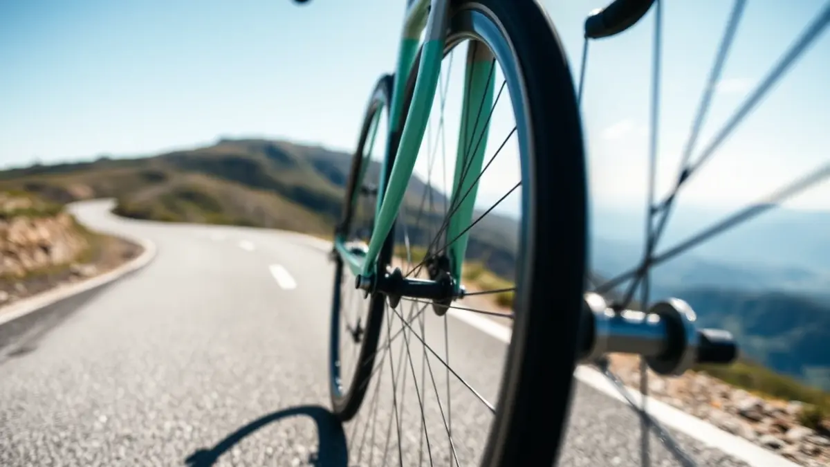 Imaxe dunha roda de bicicleta de estrada nunha paisaxe galega.