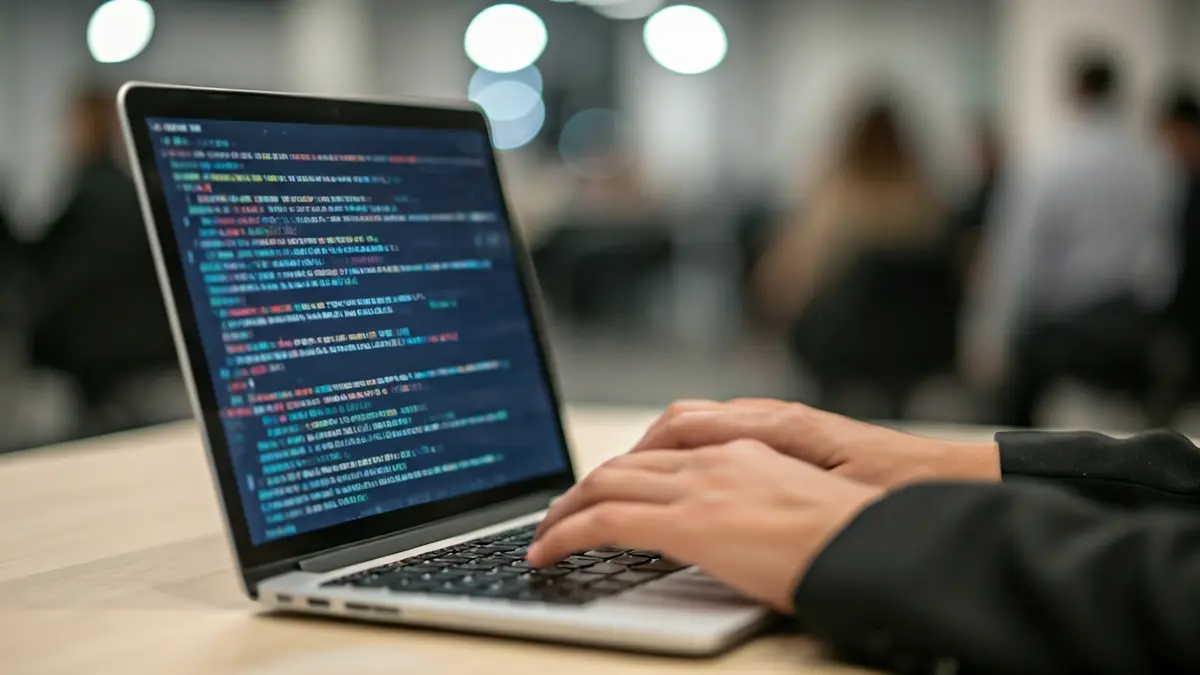 Imagen genérica de una pantalla de portátil con código de IA y manos escribiendo.