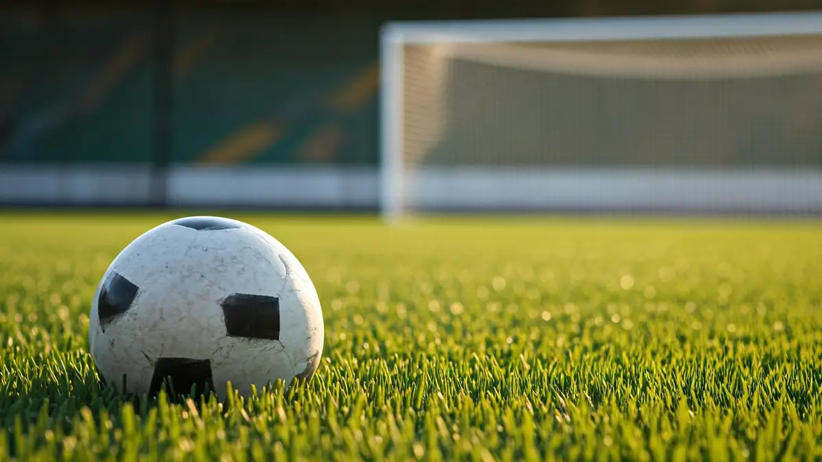 Imaxe xenérica dun balón de fútbol sobre o céspede dun campo.