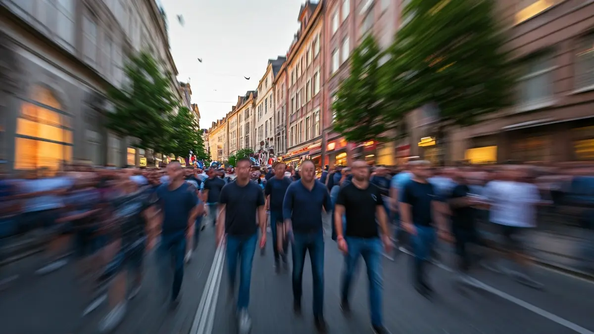 Imaxe xenérica de afeccionados de fútbol camiñando por unha rúa da cidade.
