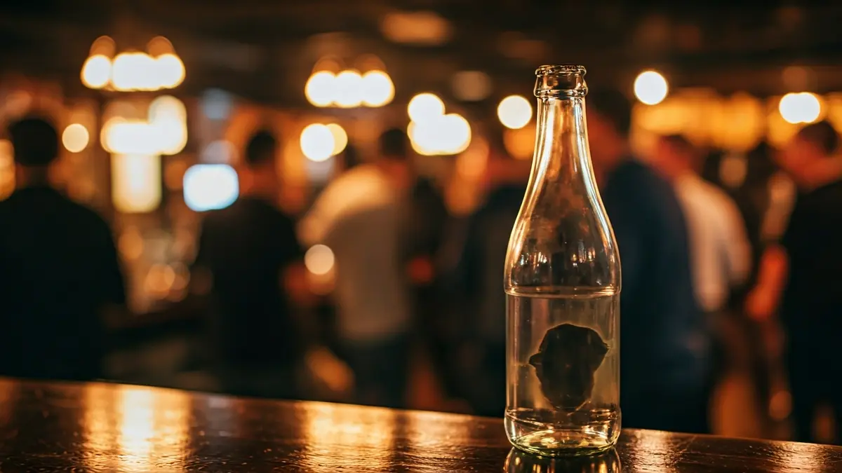 Imaxe dunha botella de auga con gas nunha barra de bar, con lixeiros danos no etiquetado.