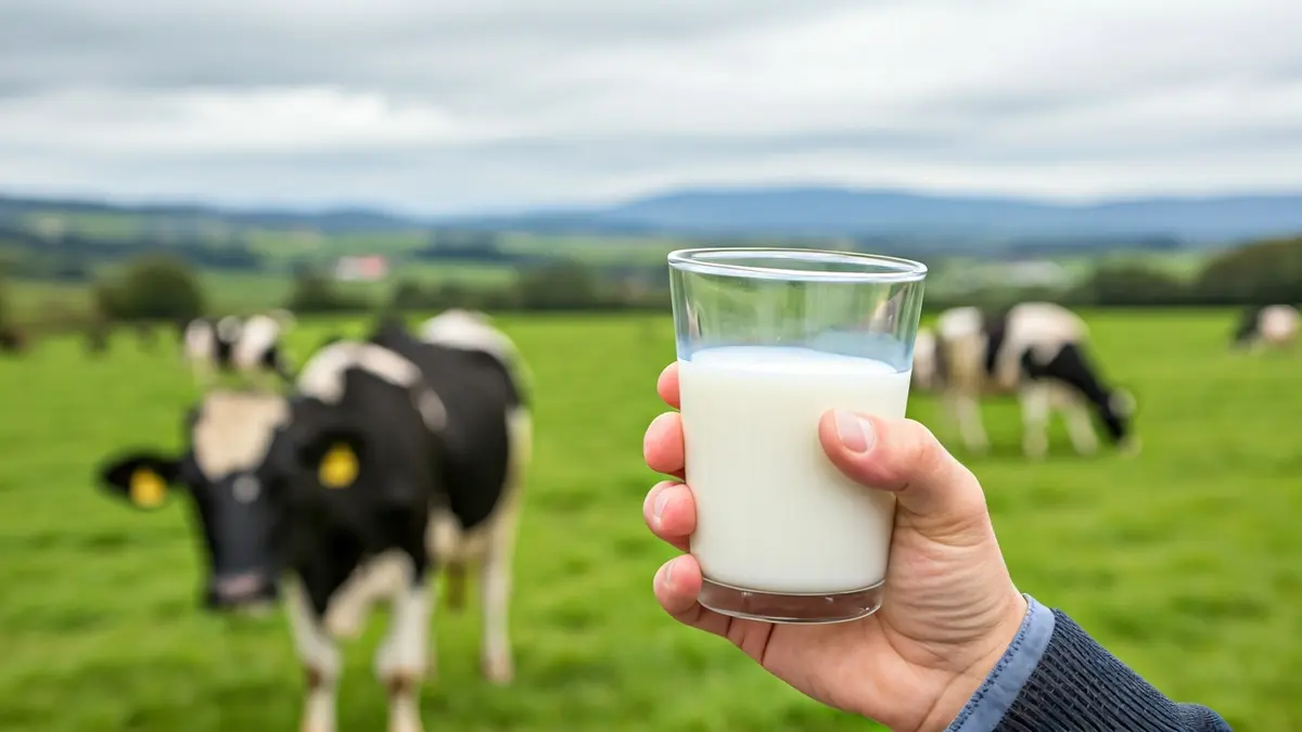 Imaxe dunha man de gandeiro sostendo un vaso de leite, con vacas ao fondo.
