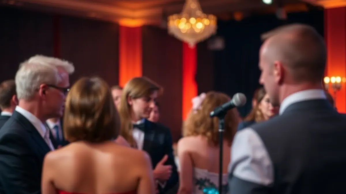 Imagen genérica de una gala de premios con asistentes elegantes y luces cálidas.