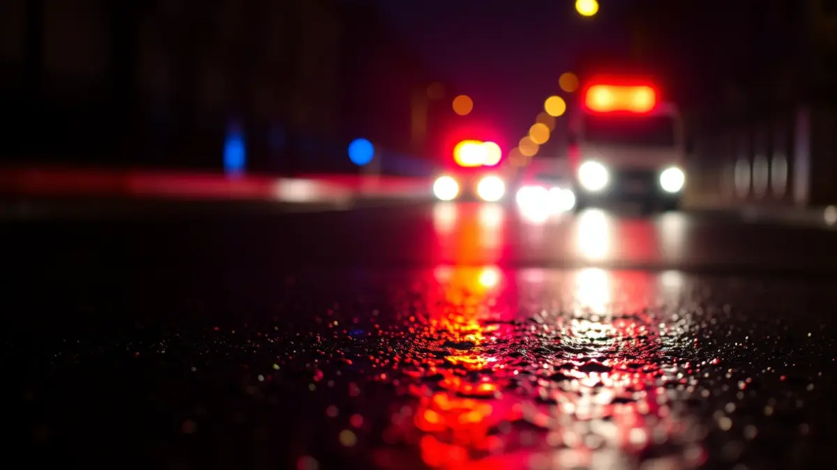 Imagen genérica de luces de emergencia reflejándose sobre asfalto mojado.