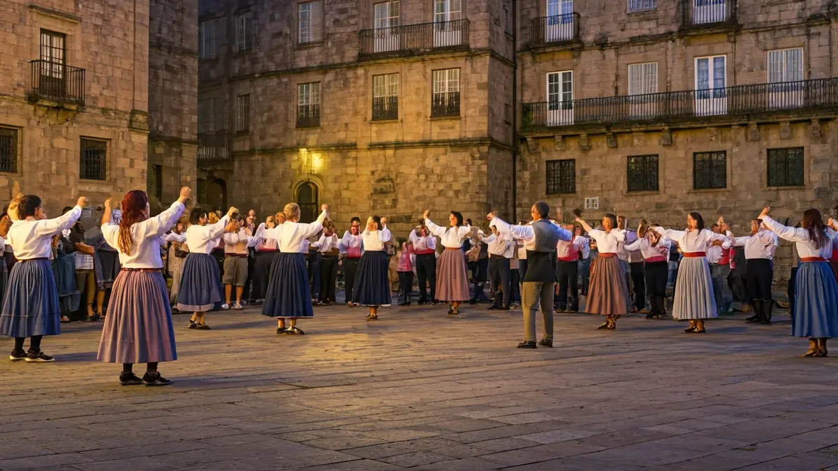 Imaxe dun grupo de persoas bailando danza tradicional galega nunha praza histórica de Santiago.