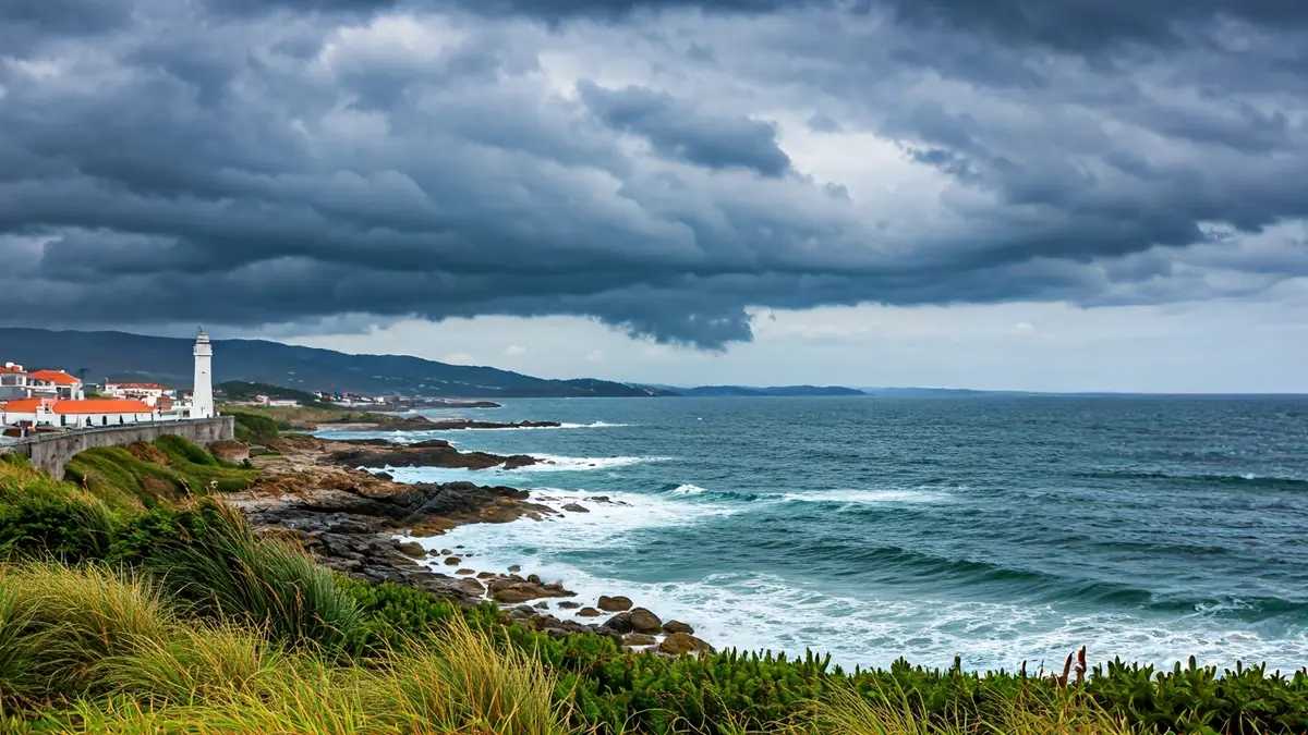 Imaxe dunha costa galega con ondas fortes e ceo anubrado por tormenta.