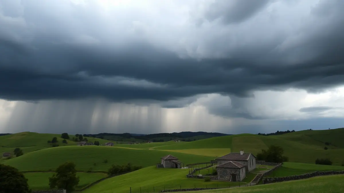 Imaxe xenérica de nubes de tormenta sobre unha paisaxe rural galega.