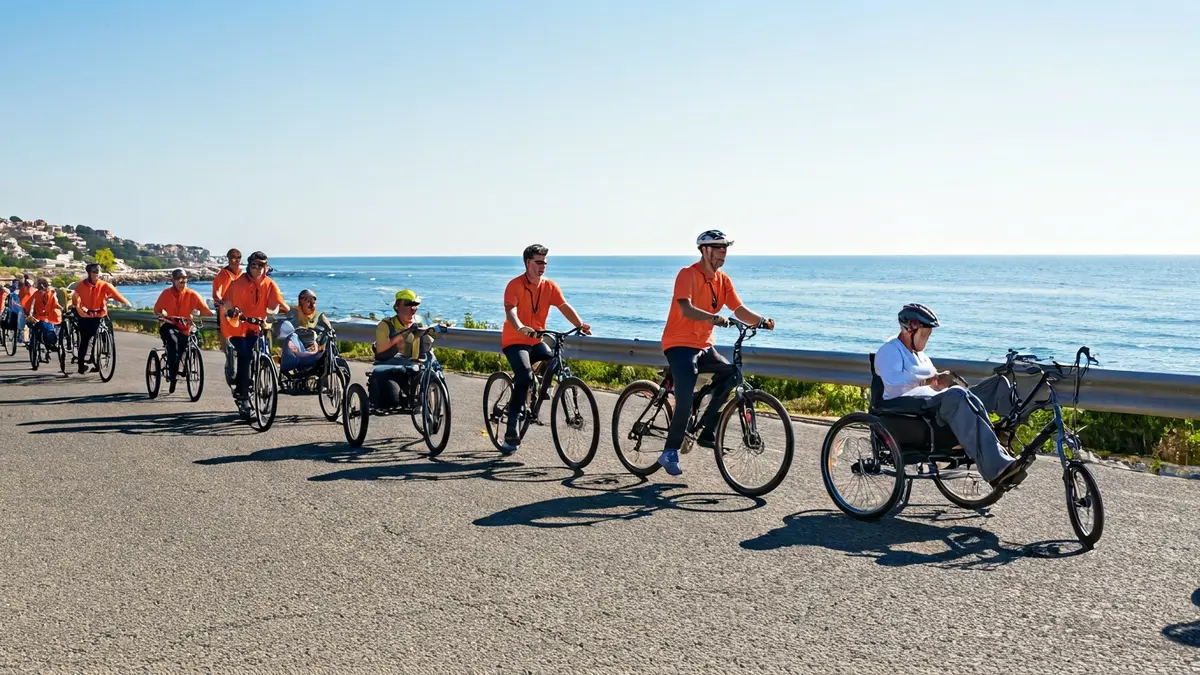 Imagen de triciclos adaptados de DisCamino en una carrera costera.