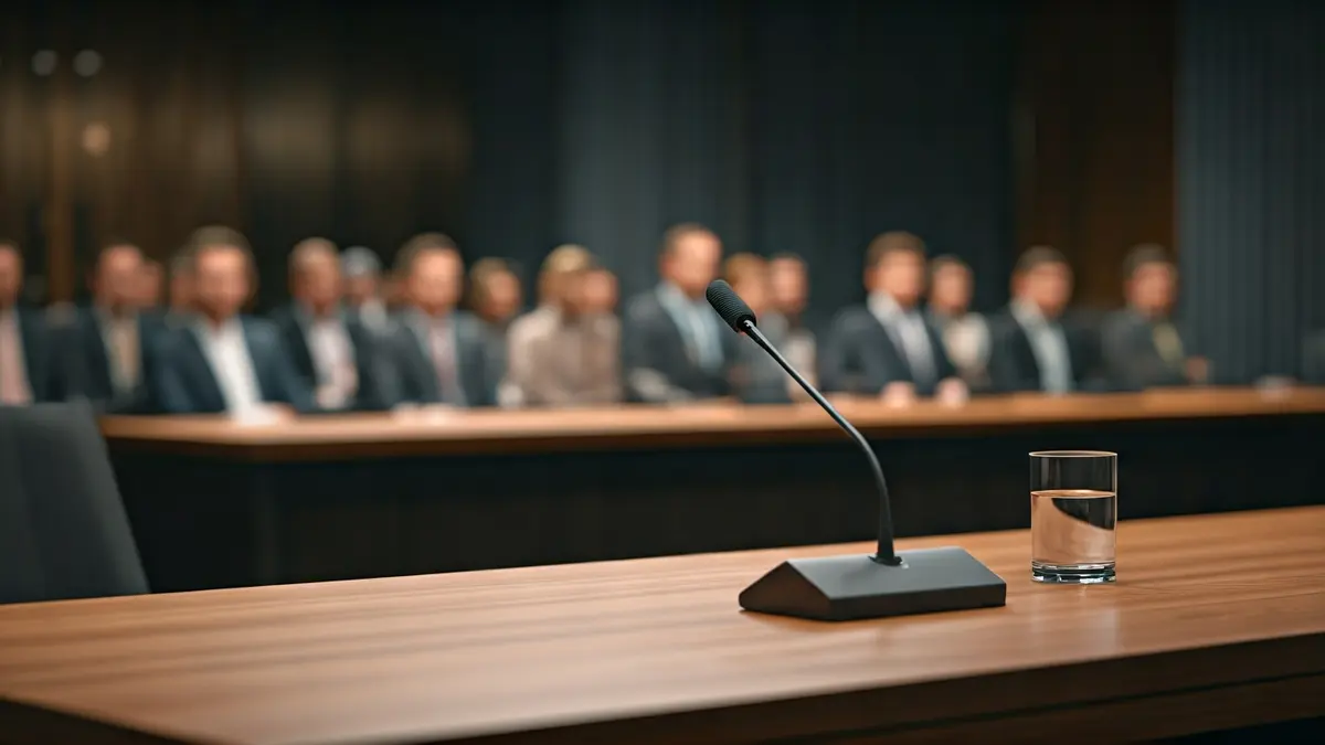 Imaxe xenérica dunha mesa de roldas de prensa baleira.