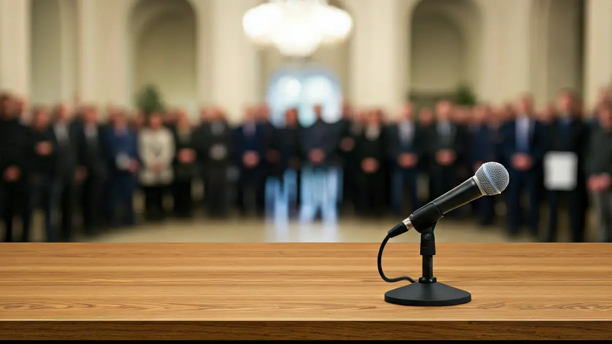 Imaxe xenérica dun micrófono nun atril, simbolizando unha declaración pública.