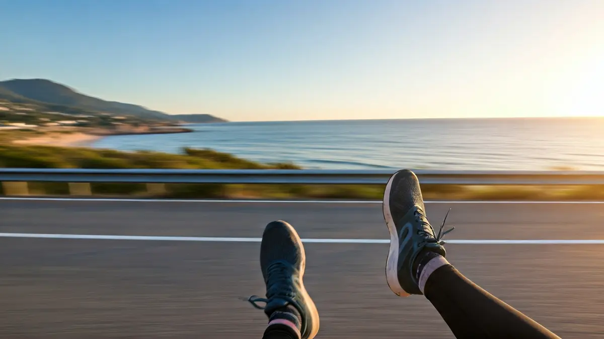 Imagen genérica de pies de corredor sobre una carretera costera, con el océano difuminado al fondo.