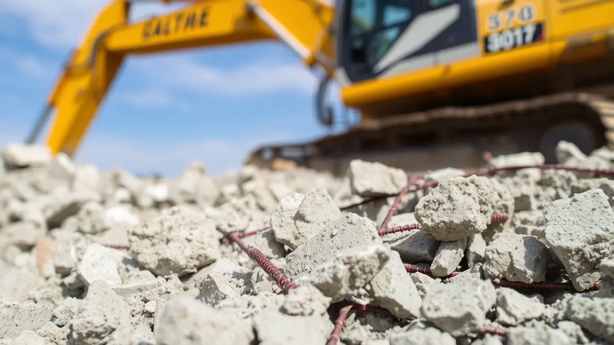 Imaxe dunha demolición cunha escavadora ao fondo.