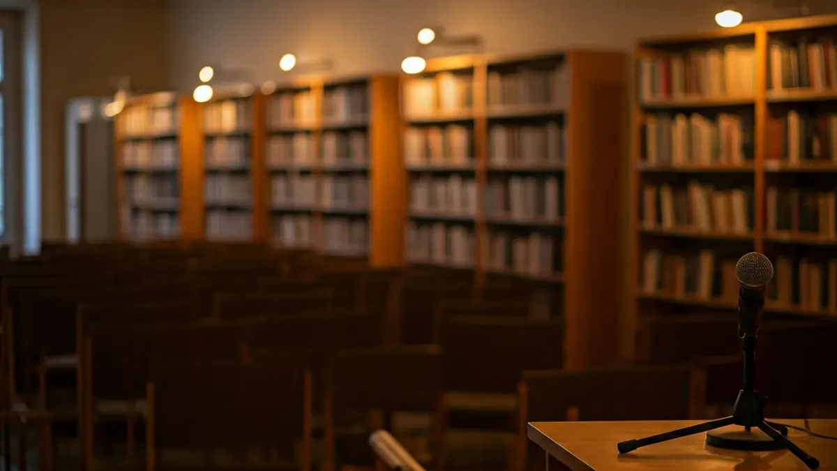 Imaxe xenérica dunha sala de conferencias ou biblioteca preparada para un evento cultural.