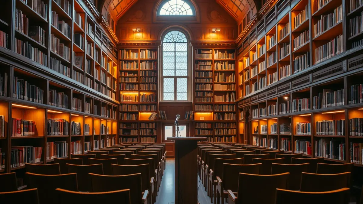 Imaxe xenérica dunha sala de conferencias ou biblioteca, con cadeiras e un podio con micrófono.