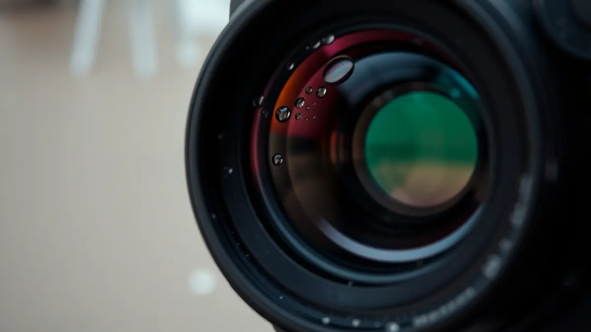 Imaxe dunha lente de cámara reflectindo unha ducha, simbolizando a reflexión filosófica sobre a loucura.