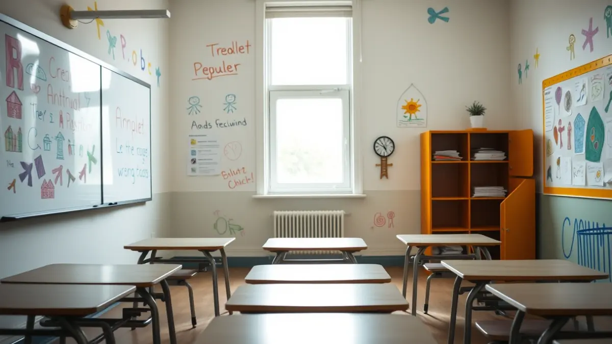 Imagen genérica de un aula escolar con dibujos infantiles en las paredes.