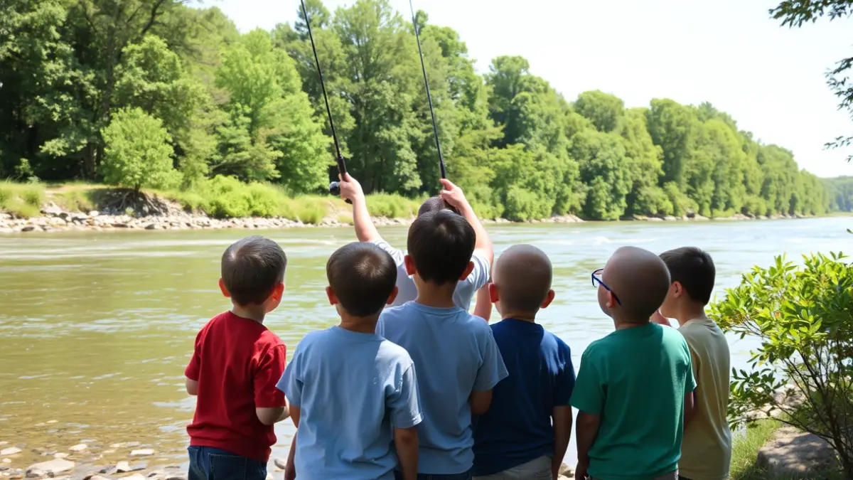 Nenos e nenas aprendendo a pescar na beira dun río.