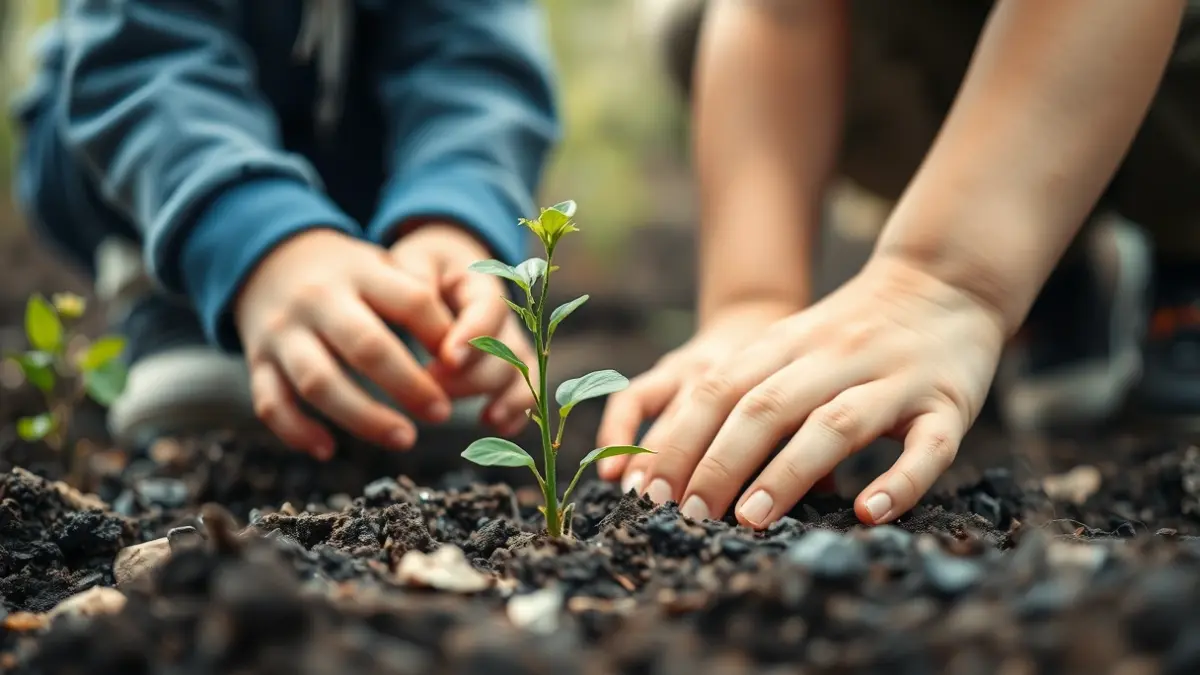 Imaxe de mans de nenos plantando nunha zona queimada.