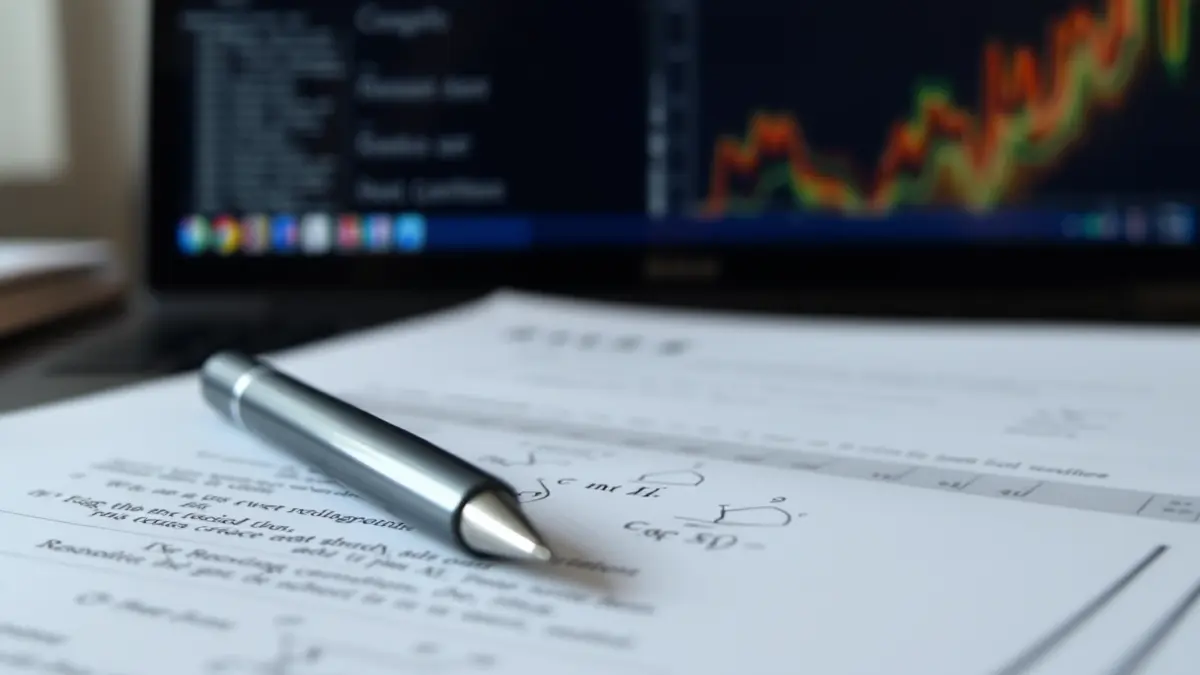 Imaxe xenérica dun documento de investigación científica cun bolígrafo e unha pantalla de ordenador ao fondo.