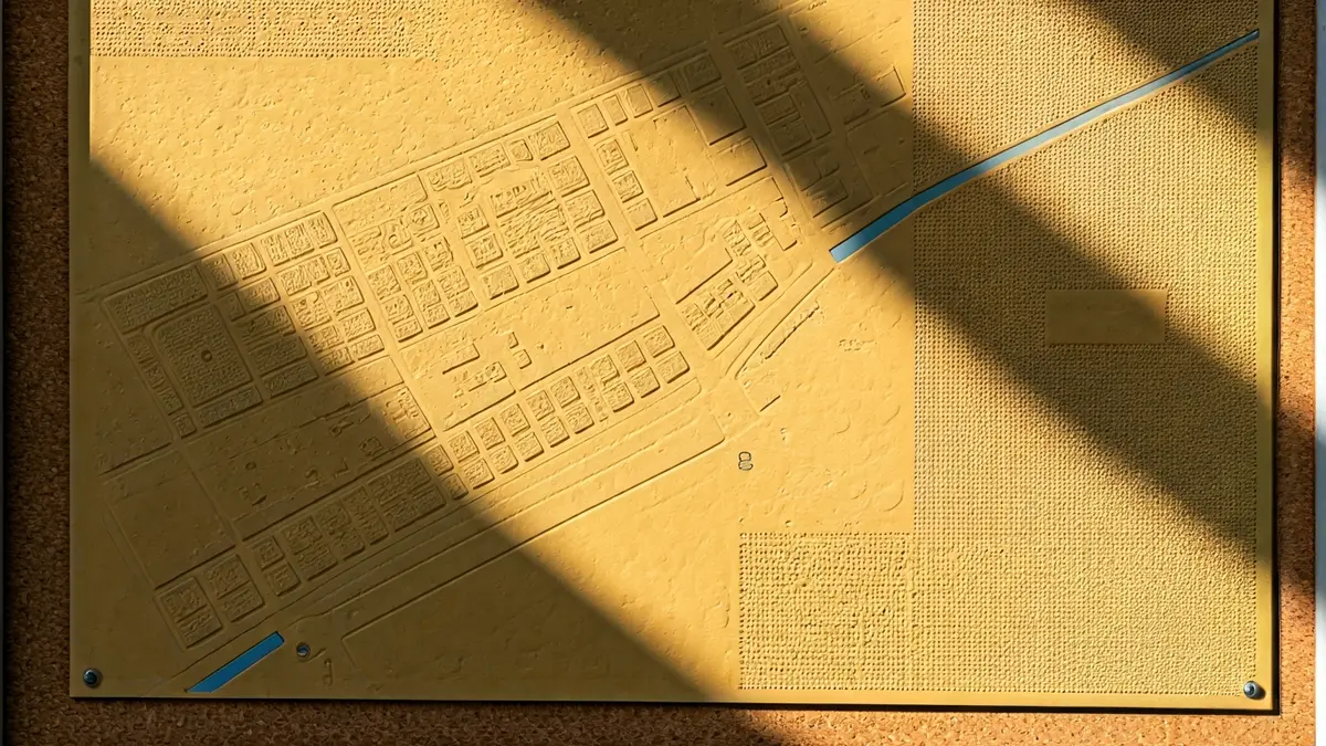 Imaxe dun mapa táctil con texturas e cores que representan rutas con sombra e sol.