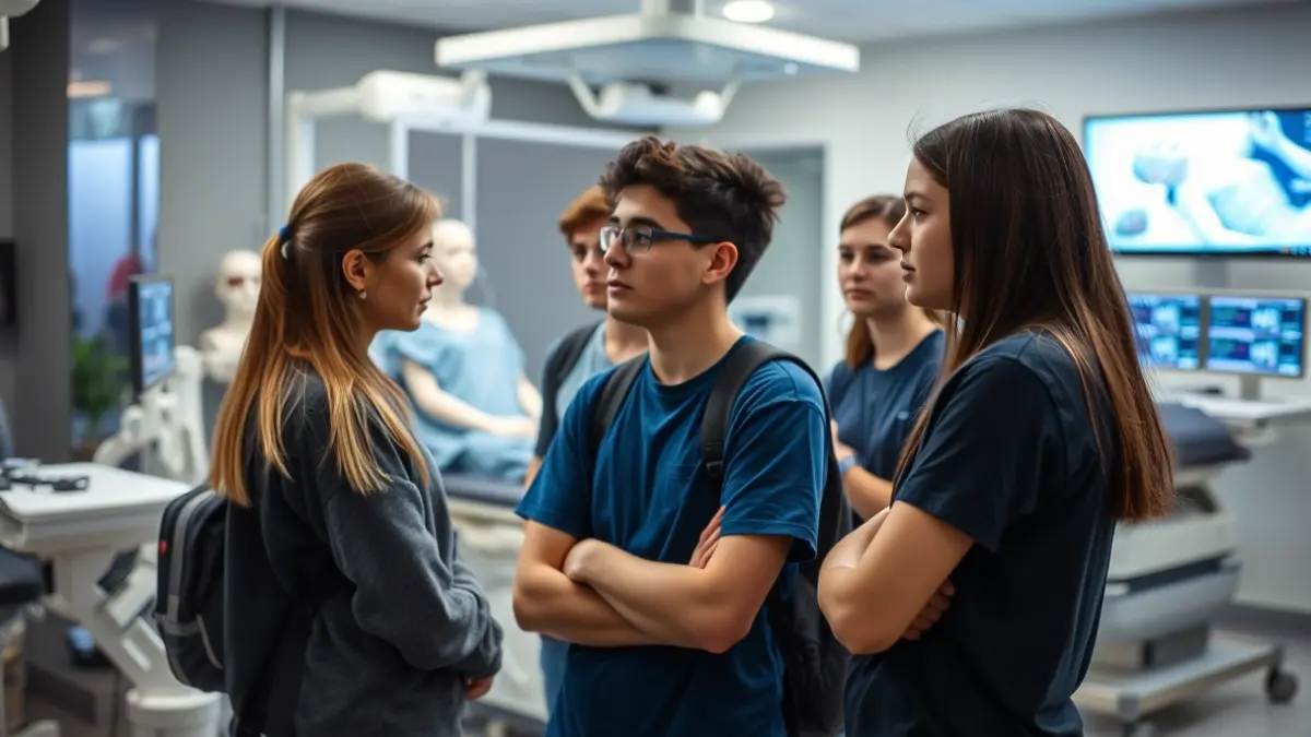 Alumnos observando equipos de simulación médica nun centro de formación.
