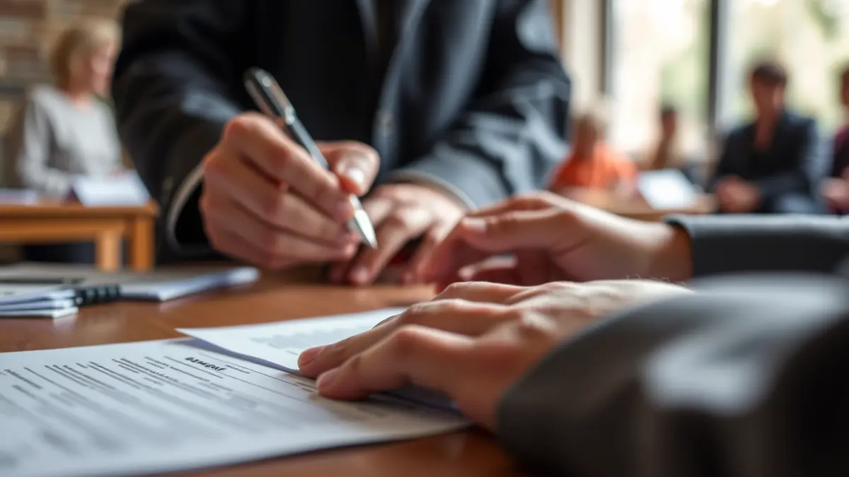 Imaxe xenérica de mans cubrindo formularios oficiais, simbolizando trámites de regularización.