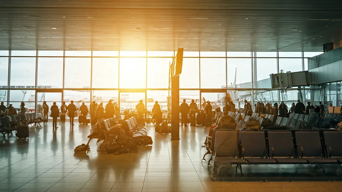 Imaxe xenérica dunha terminal de aeroporto con pasaxeiros e avións ao fondo.