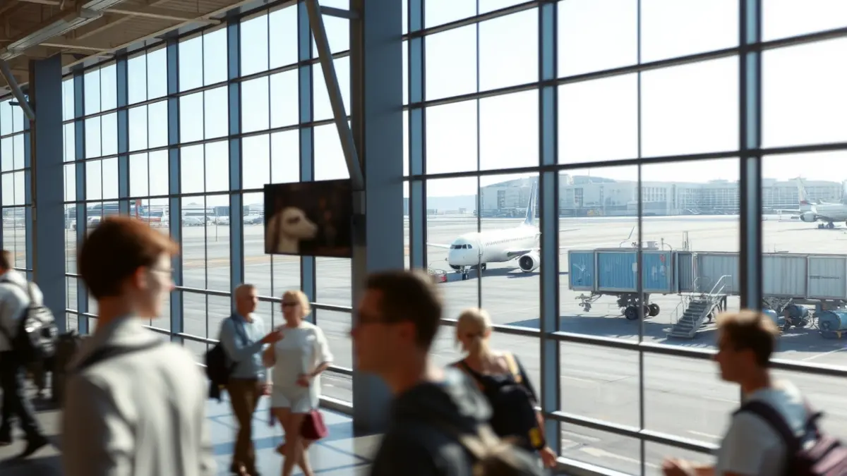 Imaxe xenérica dun aeroporto con avións na pista.