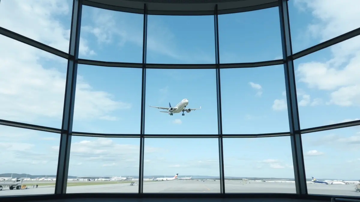 Imagen genérica de una terminal de aeropuerto moderna con aviones despegando.