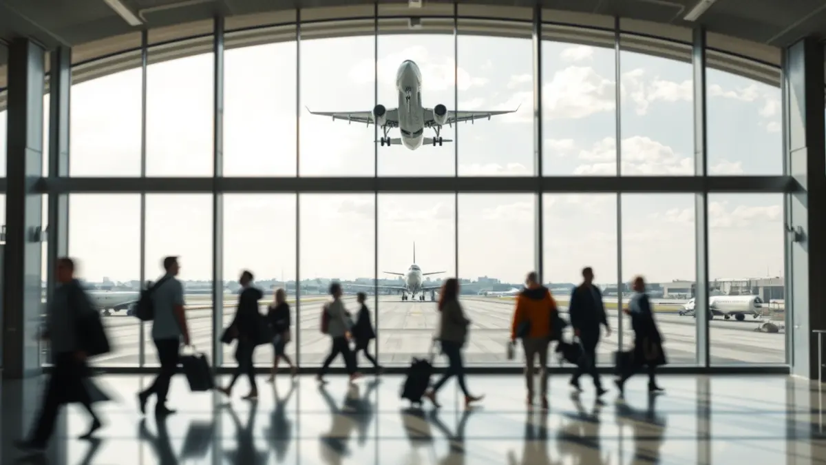 Imagen genérica de una terminal de aeropuerto moderna con aviones despegando.