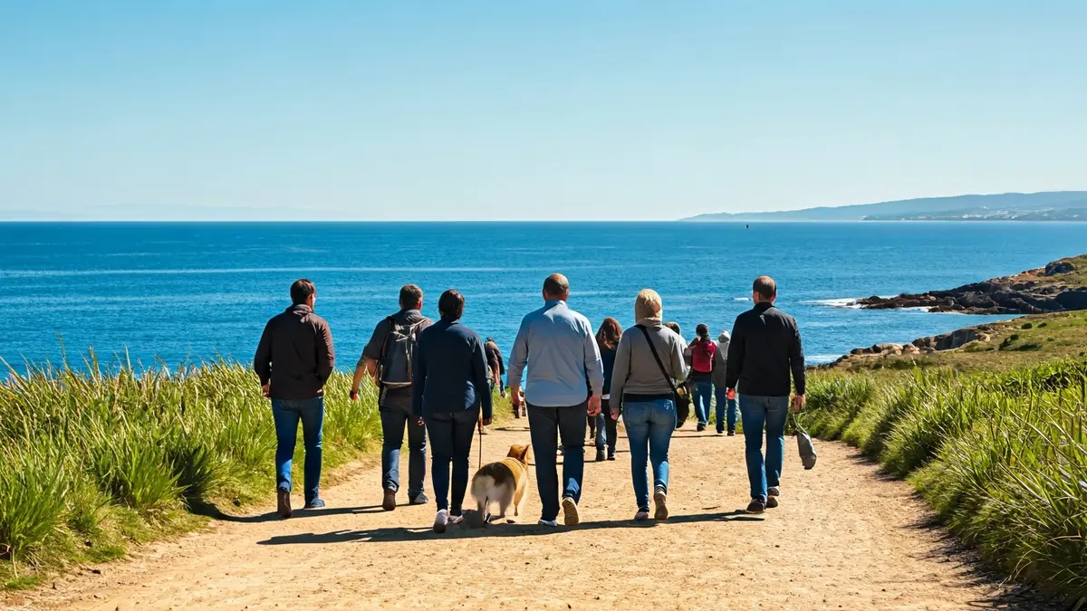 Imaxe dun grupo de persoas diversas participando nunha carreira inclusiva xunto ao mar.