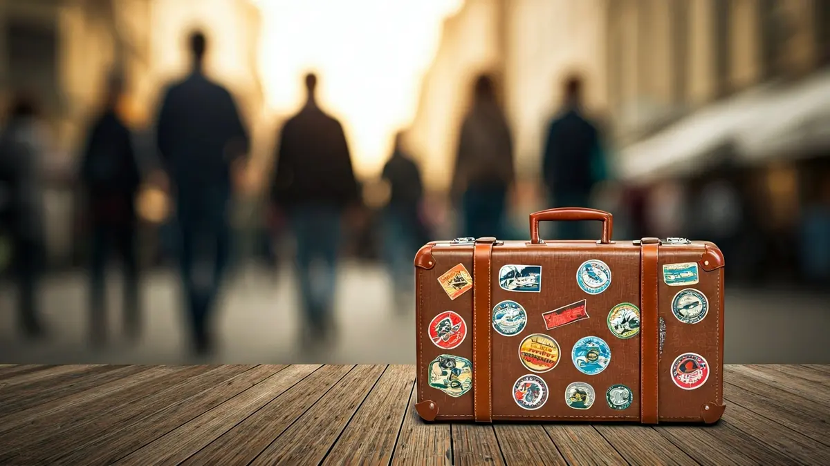 Imaxe xenérica dunha maleta antiga con adhesivos de viaxe, simbolizando a migración.