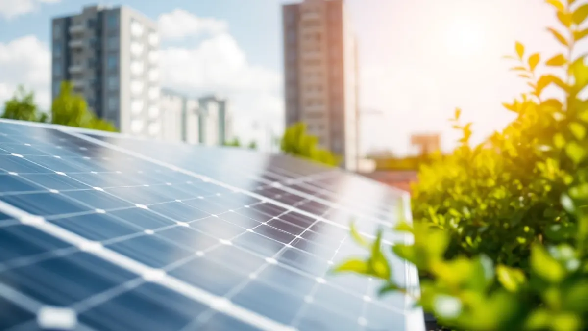 Imaxe xenérica de paneis solares nun tellado con vexetación.