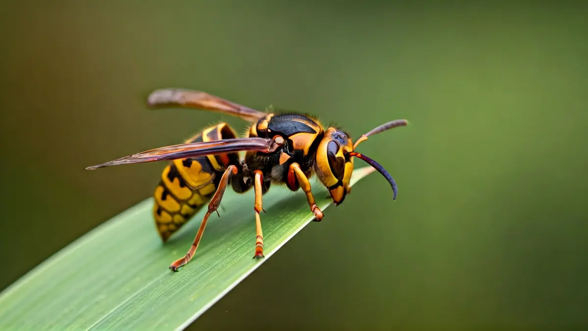Imaxe xenérica dunha raíña de avespa asiática (Vespa velutina) sobre unha folla verde.