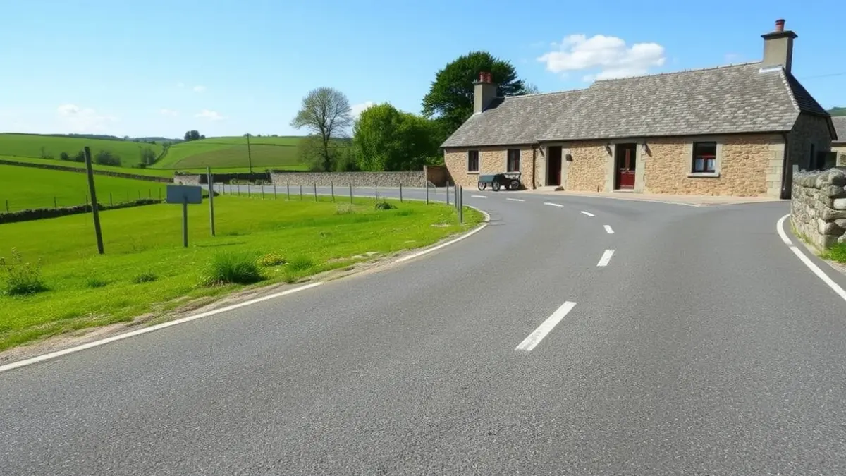 Imaxe dunha estrada recentemente pavimentada nunha aldea galega.