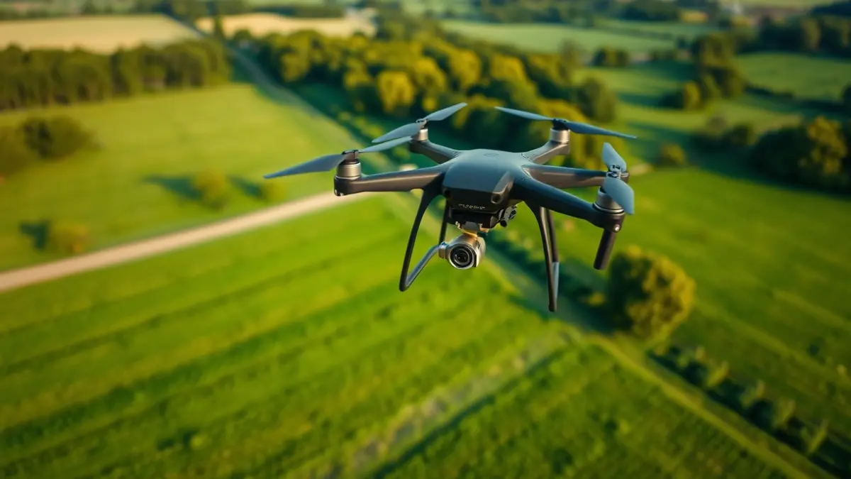 Imagen genérica de un dron sobre un paisaje rural gallego, sugiriendo una operación de búsqueda.