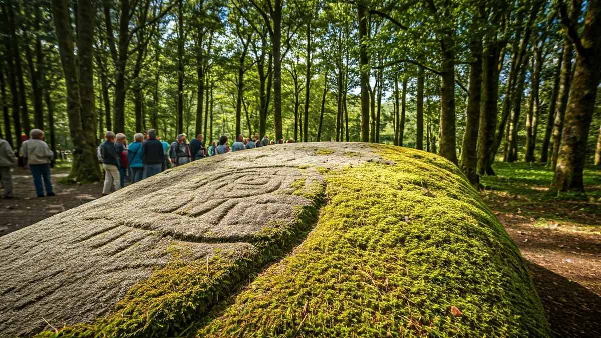 Imaxe dunha mámoa antiga cuberta de musgo nun bosque galego, con luz solar filtrándose polas árbores.