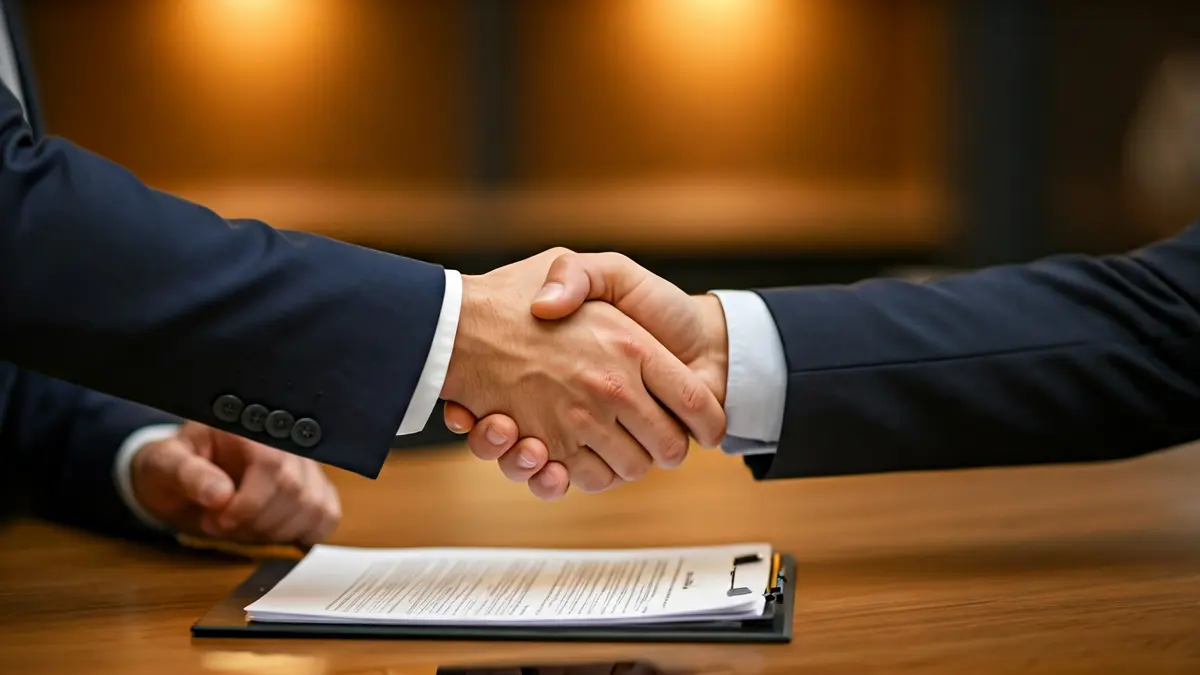 Imaxe xenérica de dúas mans estreitándose sobre unha mesa, simbolizando un traspaso de poder ou un acordo empresarial.