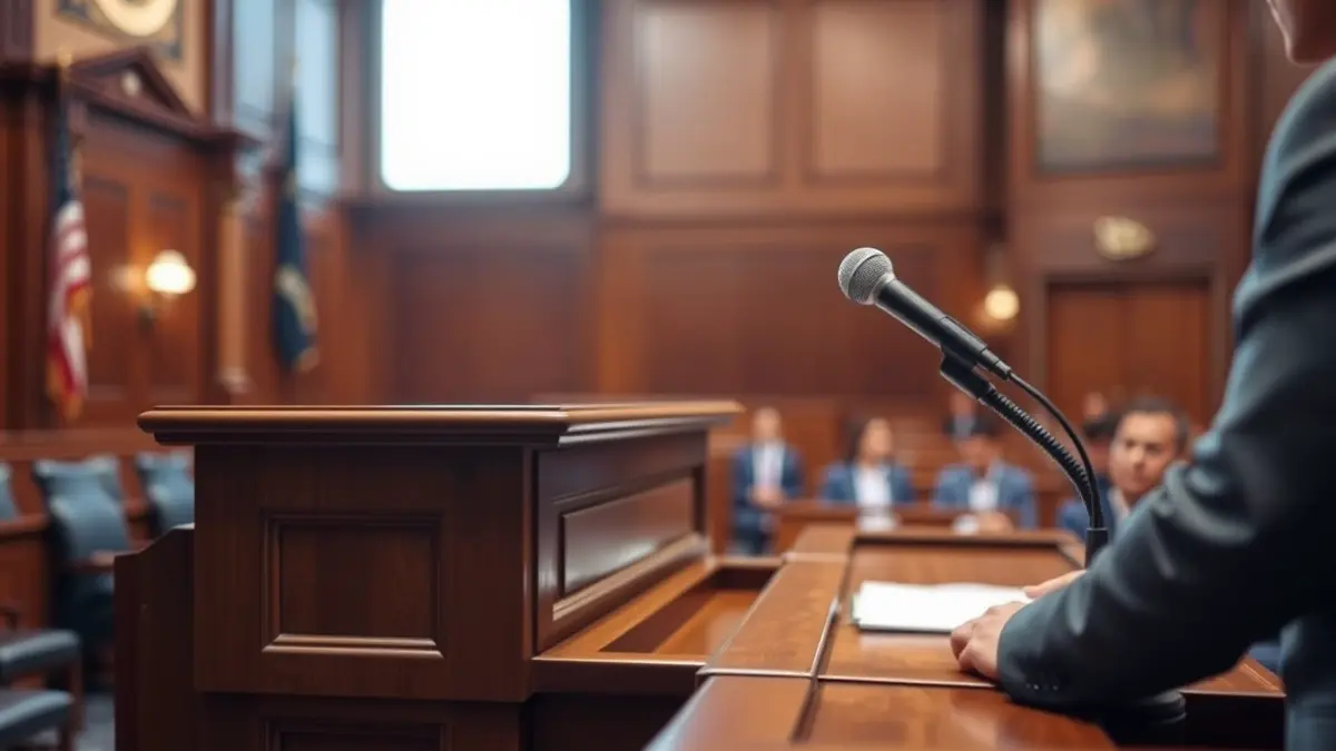 Imagen genérica de una sala de justicia con un estrado vacío.