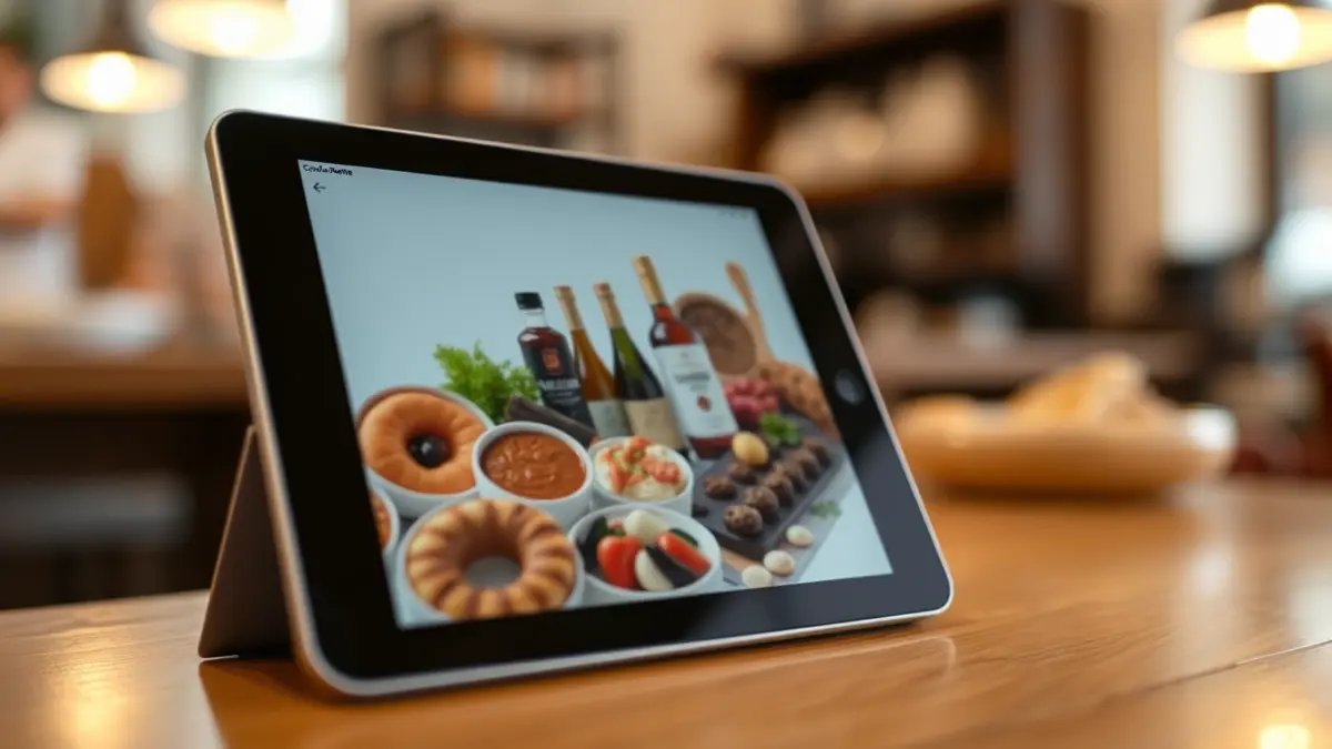 Imaxe dunha tableta dixital mostrando produtos gastronómicos da Costa da Morte.