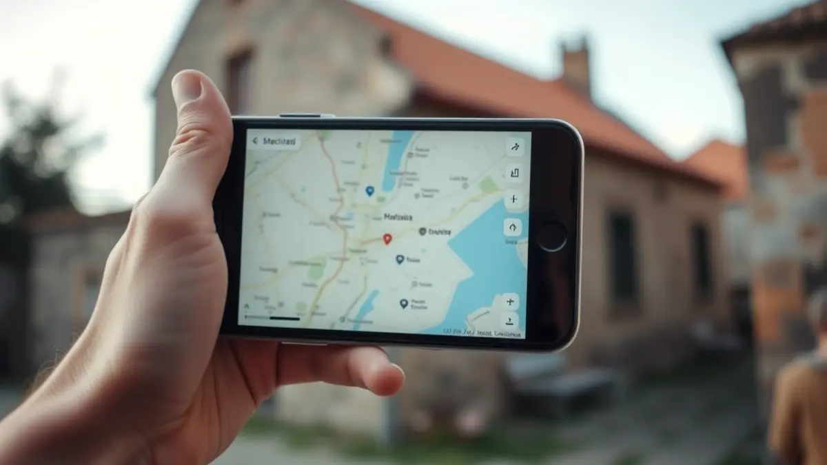 Imaxe dunha man sostendo un teléfono intelixente cun mapa, cun edificio tradicional galego ao fondo.