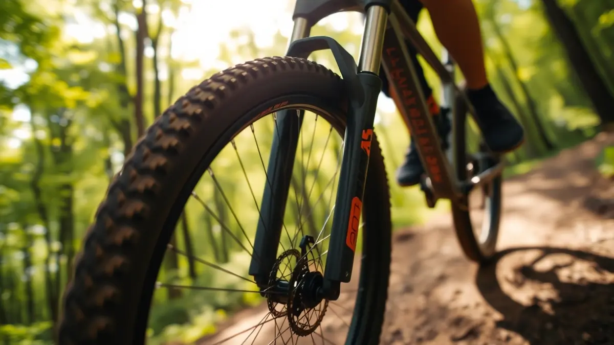 Imaxe xenérica dunha roda de bicicleta de montaña nun camiño de terra.