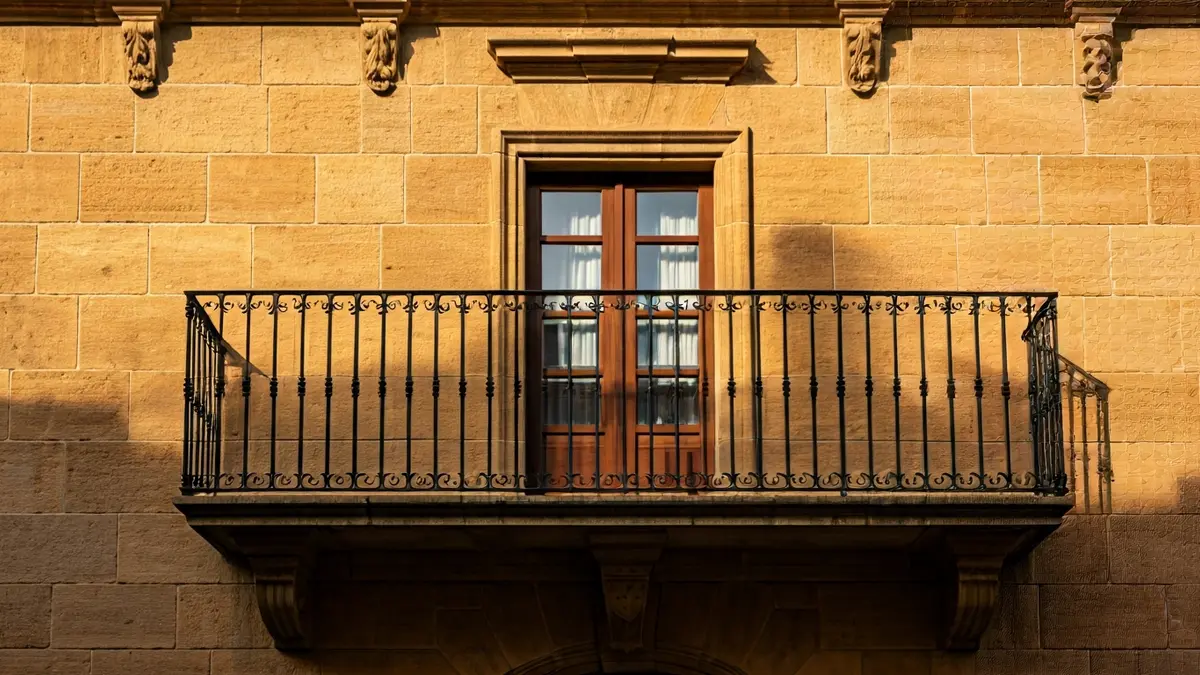 Fachada de pedra dun concello galego con balcón e varandas de ferro, baixo a luz do sol da tarde.