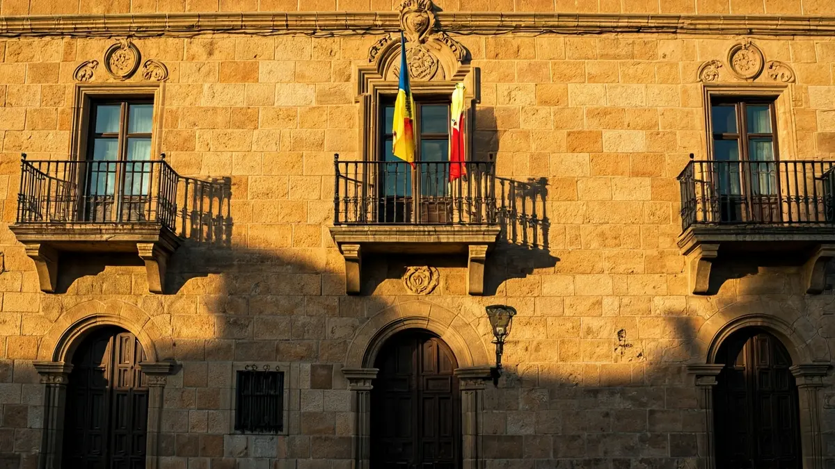 Imagen de la fachada de un ayuntamiento de piedra con balcón y barandillas de hierro, bajo la luz del sol de la tarde.