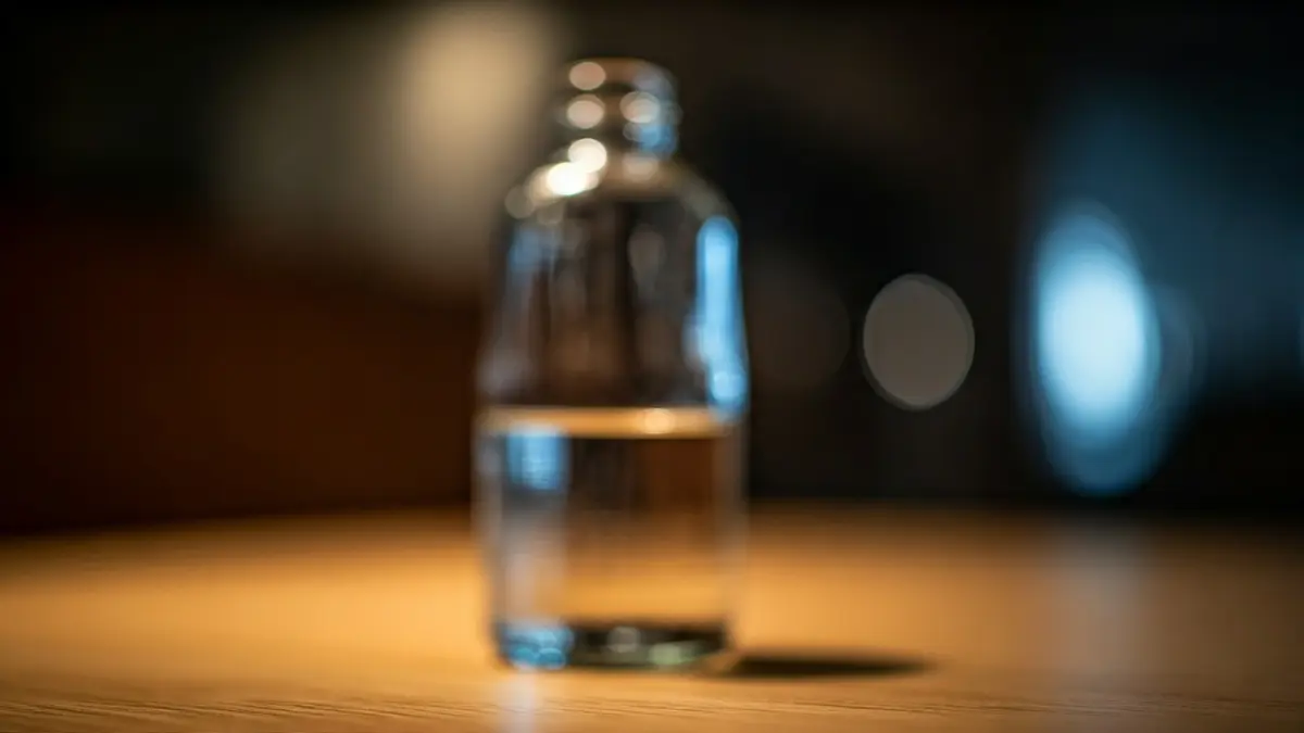 Imaxe xenérica dunha botella de cristal nunha mesa de madeira.