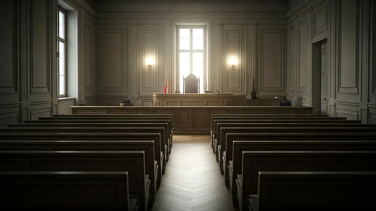 Imagen genérica de una sala de justicia vacía, con bancos de madera y luz tenue.