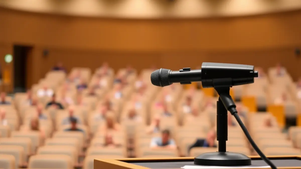 Imaxe xenérica dun micrófono nun atril nunha sala de conferencias universitaria.
