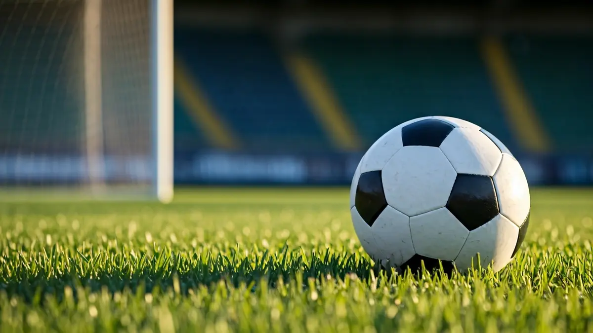 Imaxe xenérica dun balón de fútbol sobre a herba dun campo